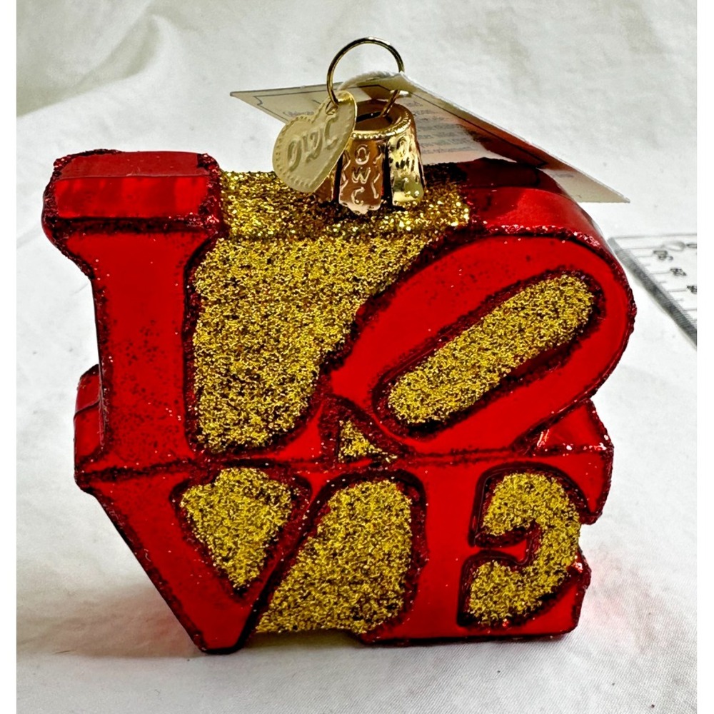 New Anthropologie LOVE Ornament Glitter Glass Red Gold OWC